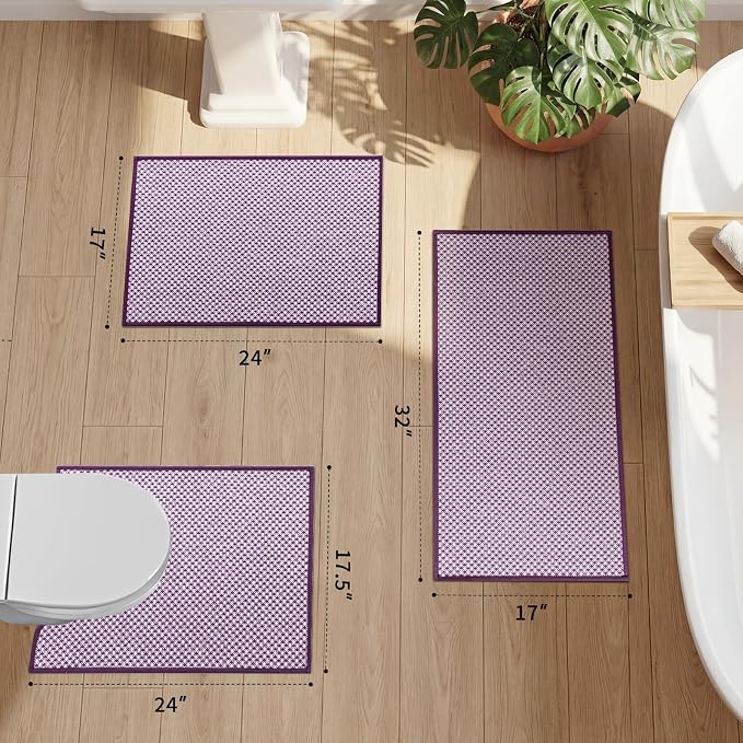 YIHOUSE Thin Bath Mat Purple Bathroom Rugs Sets 3 Pieces, Non Slip Absorbent Bath Mats Quick Dry, Woven Braided Rugs Washable, Rubber Tapetes para Baño for Bathroom Toilet,Bathtub
