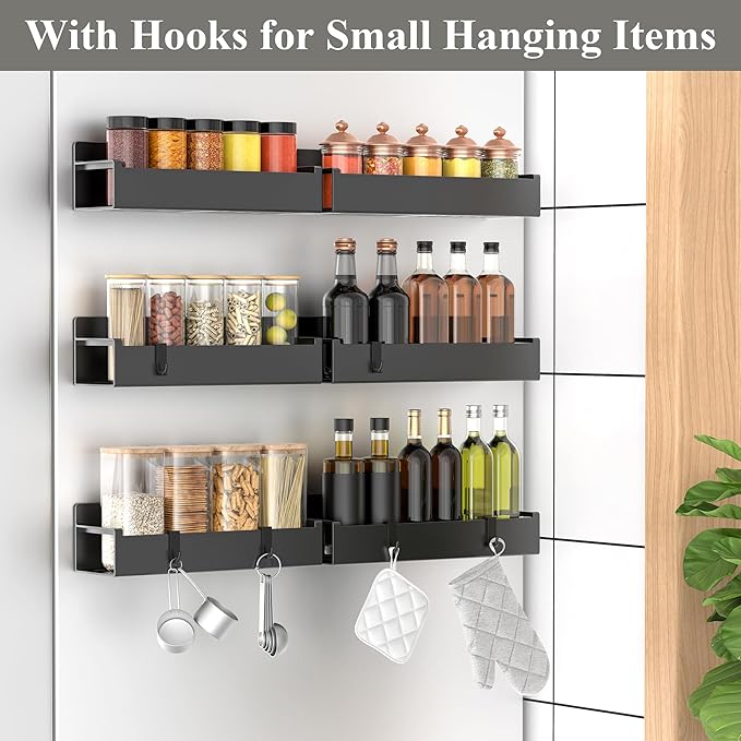 HuggieGems 6 Pack Magnetic Spice Rack Organizer for Refrigerator and Oven, Black Fridge Organizers and Storage for Kitchen