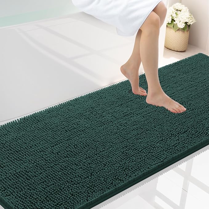 Smiry Luxury Chenille Bathroom Rugs 70x24, Extra Soft and Absorbent Shaggy Bath Mat, Machine Washable, Non-Slip Plush Carpet Runner for Tub, Shower, and Floor, Home Decor Accessories, Green