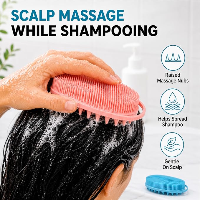 2 Pack Silicone Body Scrubber, Loofah Double-Sided Body Brush,Shower Scrubber and Scalp Massager Shampoo Brush for Sensitive Kids Women Men All Kinds of Skin (Pink & Blue)