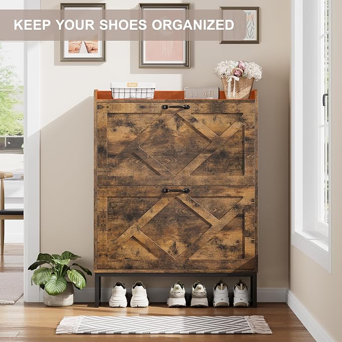 Nicetree Shoe Cabinet with 2 Flip Drawers, Freestanding Shoe Storage Cabinet with Metal Legs, Farmhouse Shoe Organizer for Entryway, Foyer, Hallway, Rustic Brown