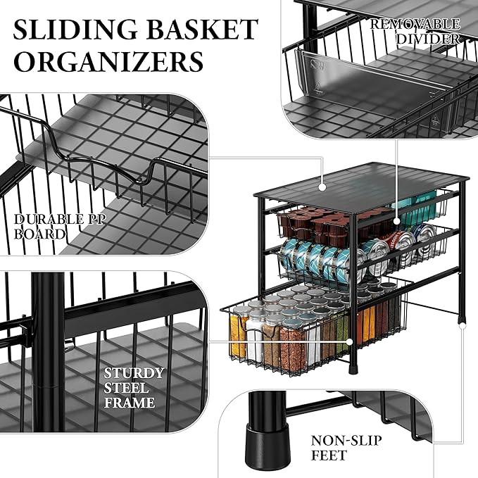 Simple Houseware Stackable 3 Tier Sliding Basket Organizer Drawer, Black