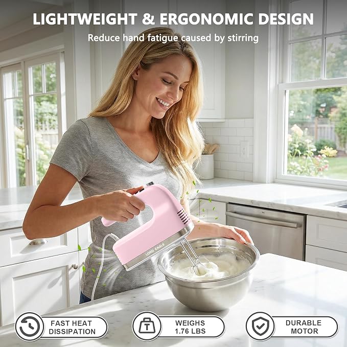 Lord Eagle 9-Speed Digital Hand Mixer Electric Handheld, 500W DC Motor Kitchen Mixer for Cake Baking, Lightweight Egg Beaters with Stain-resistant & Waterproof Storage Bag & 6 Accessories, Pink