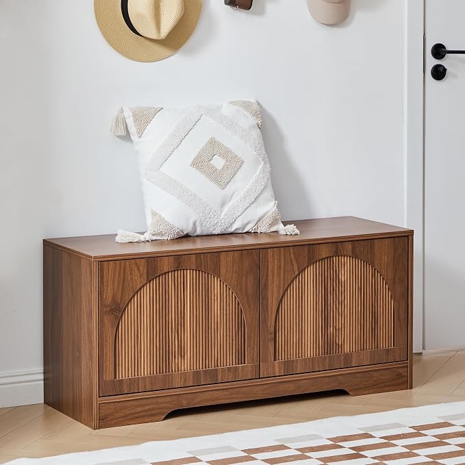 BERRYMERRY 39.4" Fluted Shoe Storage Bench for Entryway,2 Tier Shoe Cabinet Bench with Adjustable Shelf,Bench for Bedroom End of Bed (Walnut, 13.8”D x 39.4”W x 18.5”H)