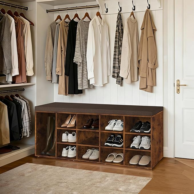 DINZI LVJ Shoe Storage Bench with Cushion, 13-Cubby Shoe Rack, Adjustable Shelves, Multifunctional Shoe Organizer Bench for Entryway, Mudroom, Hallway, Living Room, Bedroom and Garage, Rustic Brown