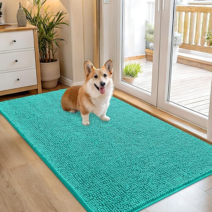 OLANLY Dog Door Mat for Muddy Paws 54x32, Absorbs Moisture and Dirt, Absorbent Non-Slip Washable Doormat, Quick Dry Chenille Mud Mat for Dogs, Entry Indoor Entryway Carpet for Inside Floor, Teal