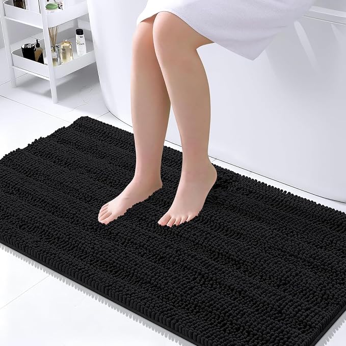 OLANLY Thick Large Bathroom Rugs 45x27, Extra Soft Absorbent Chenille Striped Bath Rugs, Rubber Backing, Machine Wash Dry, Bath Mats for Bathroom Floor, Tub and Shower, Home Decor Accessories, Black