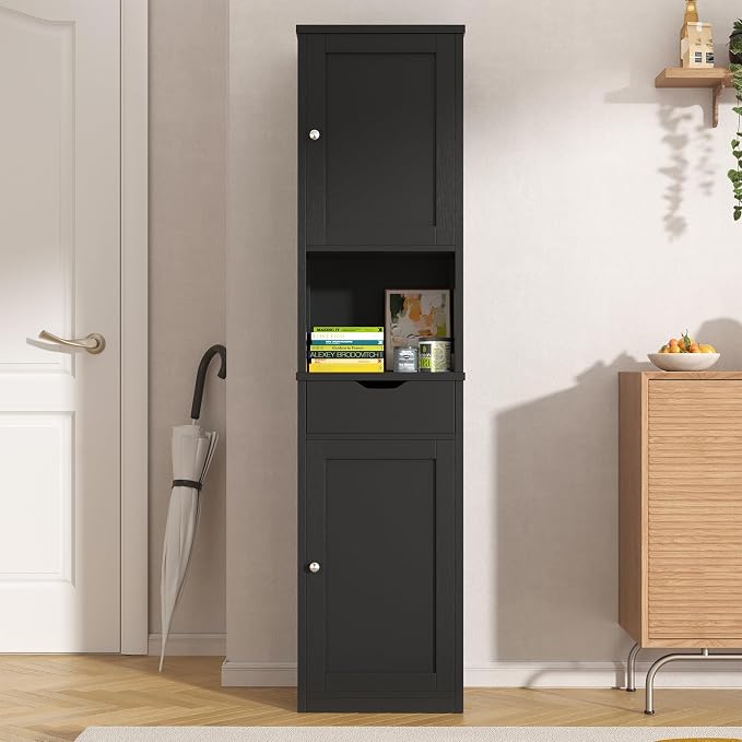 Vongrasig Tall Bathroom Storage Cabinet, 64”H Narrow Storage Unit for Small Spaces, Freestanding Modern Cabinet with Adjustable Shelves for Bathroom, Living Room, Black