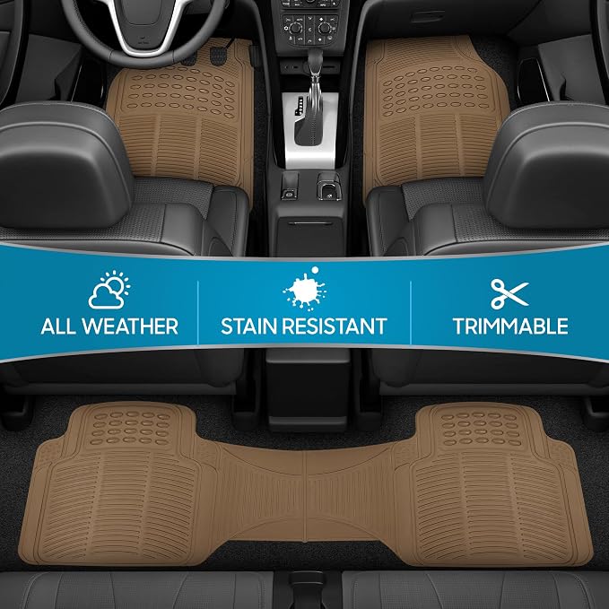 BDK ProLiner Car Floor Mats for Cars Trucks SUV, 3-Piece All-Weather Heavy Duty Rubber Liners with Universal Trimmable Fit, Durable Waterproof Vehicle Auto Floor Mats with Capture Ridges Biege