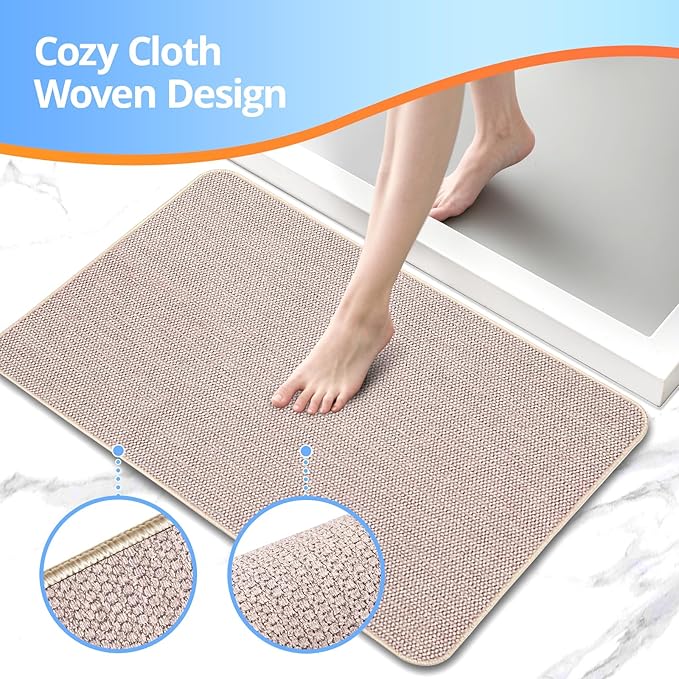 Upgraded Bath Mat 24x36Inch, Thin Bath Mats Rugs with Rubber Backing Non-Slip, Absorbent,Quick Dry Machine Washable, Home Decor Accessories Cozy Cloth Bathroom Rugs fit Under Door/Sink/Tub-Biege