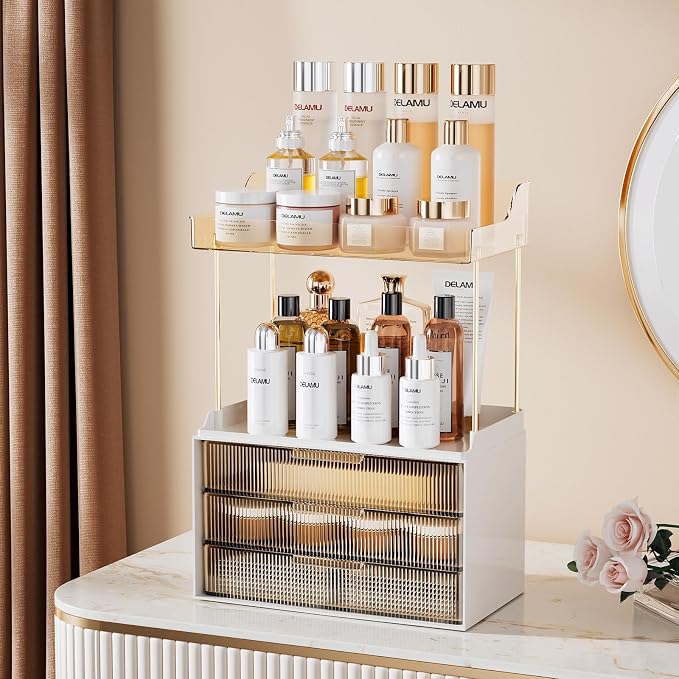 Delamu Bathroom Organizers and Storage, 2 Tier 3 Drawer Makeup Organizer Countertop, Easy to Install, Ideal for Bathroom Counter, Vanity, Ideal Gifts for Women Girls, Amber