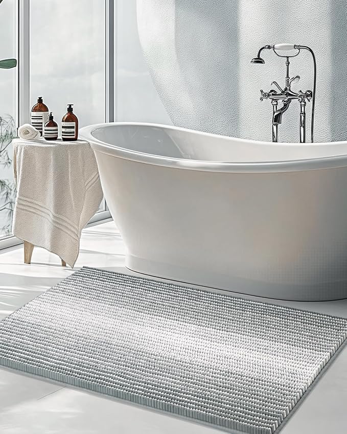 BSICPRO Chenille Bathroom Rugs, 24 x 43 Inches Non Slip Absorbent Bath Mat, Soft Shaggy Shower Bath Floor Mats for Bathroom, Machine Washable(Light Gray)