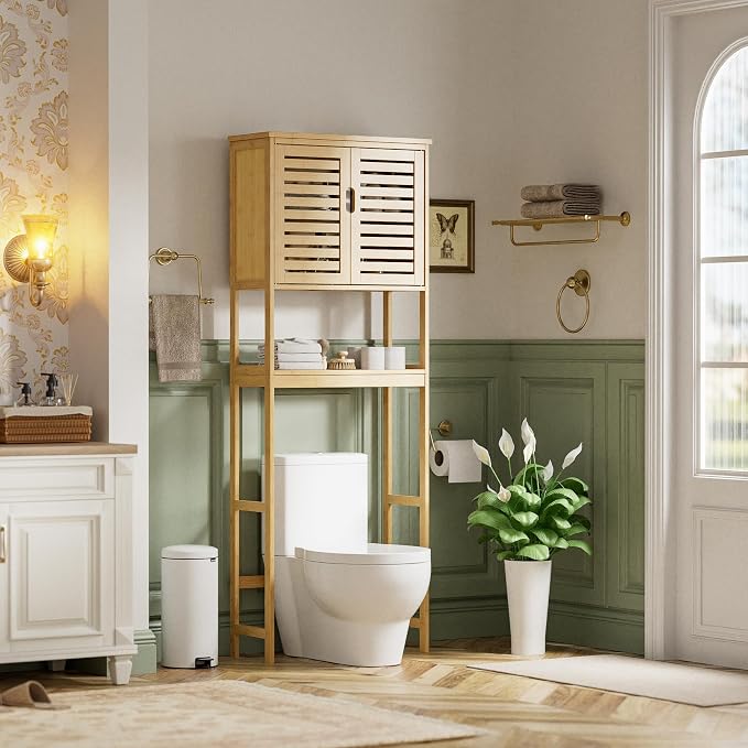 SMIBUY Bathroom Over The Toilet Storage Cabinet, 2 Door Bamboo Cabinet Organizer, Freestanding Space Saver Toilet Rack with Adjustable Inside Shelf and Open Shelf (Natural)