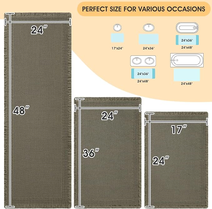 Upgrade Waffle Bath Mat Set 3 Piece, Greyish Green, Boho Bathroom Rugs Absorbent Non Slip, Ultra Soft Bathroom Mat, Machine Washable Knit Bath Rugs with Border for Bathroom, Kitchen, Shower, Tub