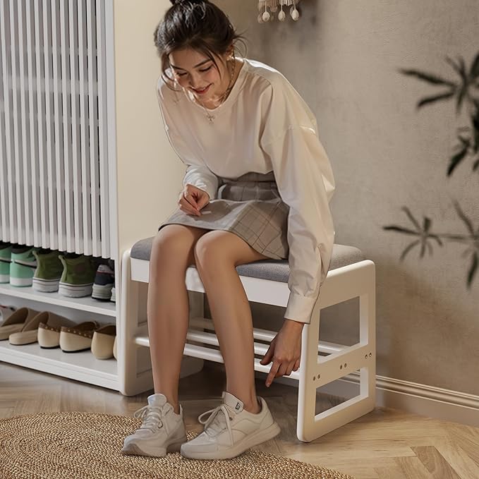 AQIMUELE Shoe Rack Bench,2 Tiers Shoe Bench with Storage with Flip-Top,Wood Shoe Rack for Entryway,Hallway（White Upholstered Seat,11.8" D x 23.62" W x 15.7" H）