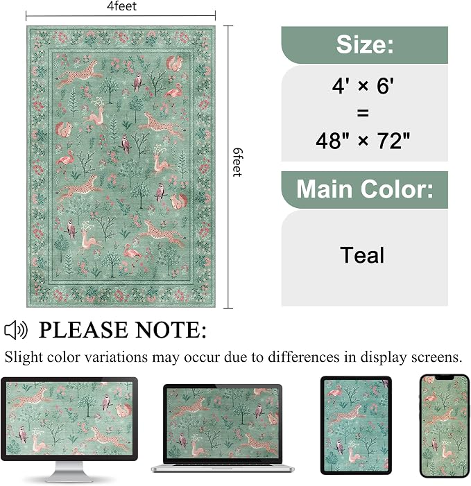 DUKINO 4x6 Rug, Washable Animal Area Rug with Non Slip Vintage Design, Indoor Soft Low Pile Carpet for Bedroom, Nursery, Dining Room, Farmhouse, Playroom, Teal