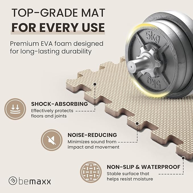 bemaxx Gym Mats Set - 18 pcs EVA Interlocking Foam Floor Tiles (12.6"x12.6"x0.4") 18sqft Protective Gym Flooring Sports Home Workout Exercise Mats Puzzle Garage Fitness Play-Room Pool Treadmill Bike