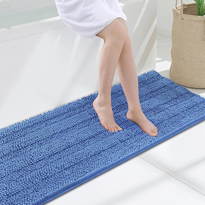 Grandaily Chenille Striped Bathroom Rugs 47x17, Extra Thick and Soft Absorbent Bath Mats, Rubber Backing, Plush Shaggy Shower Carpet, Machine Wash Dry, Bath Rug for Bathroom, Cornflower Blue
