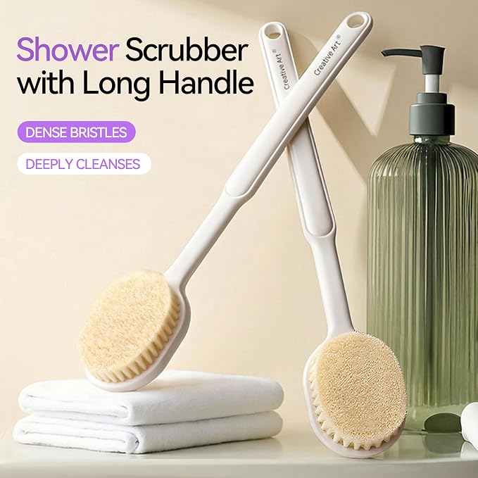 Back Scrubber for Shower for Women Men, Body Brush with Long Handle, Exfoliating Bath Washer with Soft Bristles, Body Exfoliator for Wet or Dry Brushing, Back Scrub Deep Cleaning, White