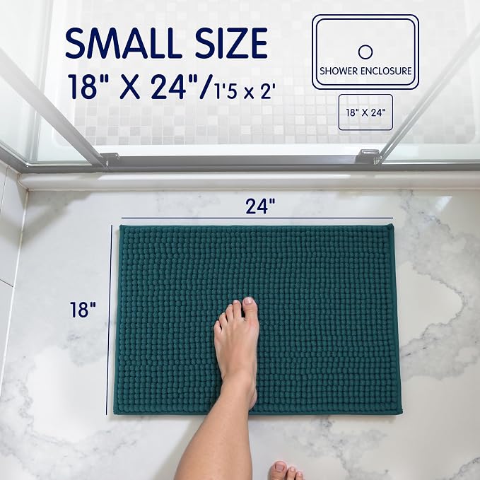 SUBRTEX Bathroom Rugs Chenille Bath Rug, Soft Short Plush Bath Mat, Water Absorbent Shower Mat, Quick Dry Machine Washable(Teal, 18" x 24")