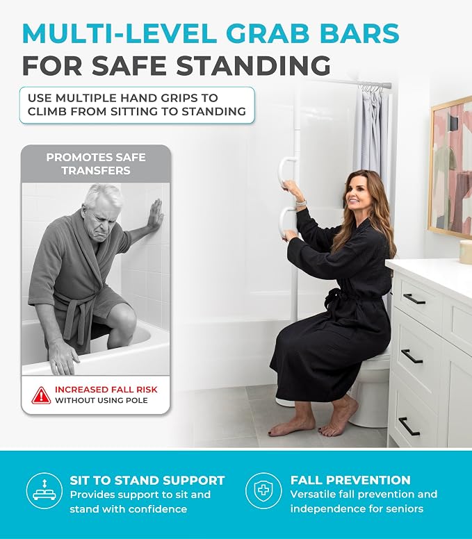 Stander Double Handle Non-Rotating Floor to Ceiling Grab Bar, No-Drill Tension Mounted Transfer Pole for Seniors, Bath Safety & Bedside Assist Rail for Home Standing Support & Fall Prevention, White