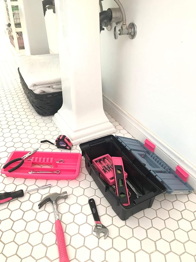 Apollo Tools 53 Piece Household Tool Set Includes Tools and Tool Box with a Selection of Most Needed Tools for Basic DIY Repairs, Maintenance and Crafts - Pink Ribbon
