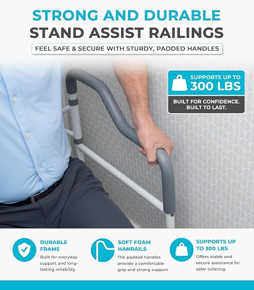 Stander Wonder Toilet Safety Rails for Seniors, Adjustable Detachable Toilet Frame with Padded Handles for Elderly Adults, Foldable Handicap Support Rail with Footrest, Fits Any Toilets