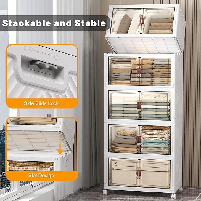 UAMFURI Stackable Storage Bins with Lids, 560QT Closet Organizers and Storage with Doors and Wheels, Extra Large Storage Cabinet, Collapsible Plastic Drawers for Bedroom Dorm Office Garage