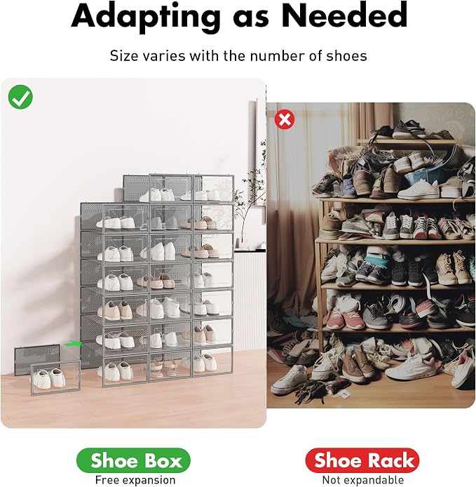 Foluck Shoe Storage Box, 15 Pack Clear Plastic Stackable Organizer for Closet, Interlocking Design Shoes Container Bins for Sneakers, Foldable Shoe Rack with Lids, Grey