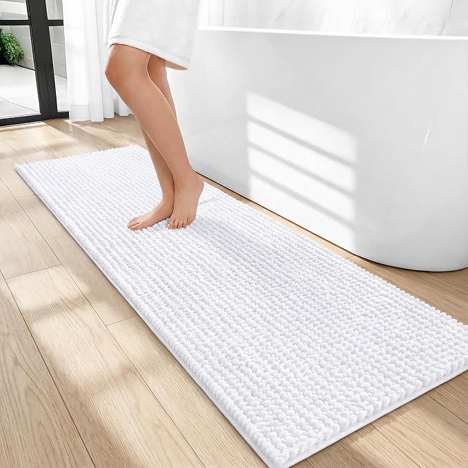 OLANLY Thick Bathroom Runner Rugs 47x17, Extra Soft Absorbent Chenille Bath Rugs, Rubber Backing, Machine Wash Dry, Long Bath Mats for Bathroom Floor, Tub and Shower, Home Decor Accessories, White