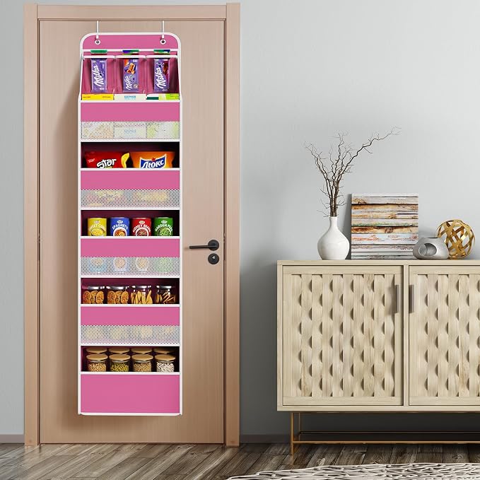 Univivi 6-Shelf Over Door Hanging Organizer Fabric Baby Door Storage with 5 Large Pockets and 3 Small PVC Pockets Wall Mount Hanging Storage Organizers for Baby Essential (Pink)