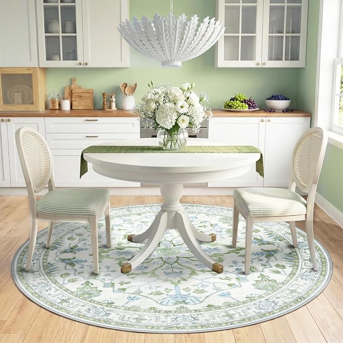 RELEANY Area Rugs Round 6ft Washable Non-Slip, Floral Vintage Distress Medallion Carpet for Living Room Bedroom Dining Room, Green White Blue