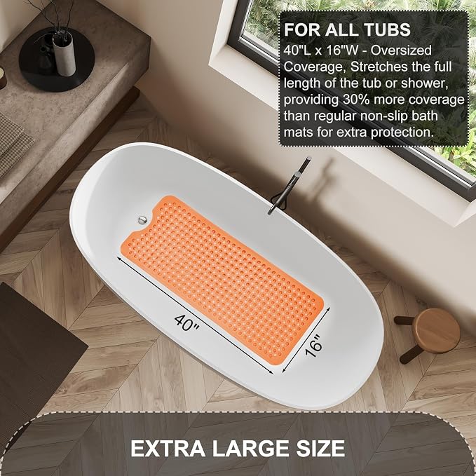 TEESHLY Bath Tub Shower Mat, Non Slip Bathtub Floor Liner Mats with Suction Cups and Drain Holes, Machine Washable Bathmat for Bathroom Floor Safety, 40 x 16 Inch, Clear Orange