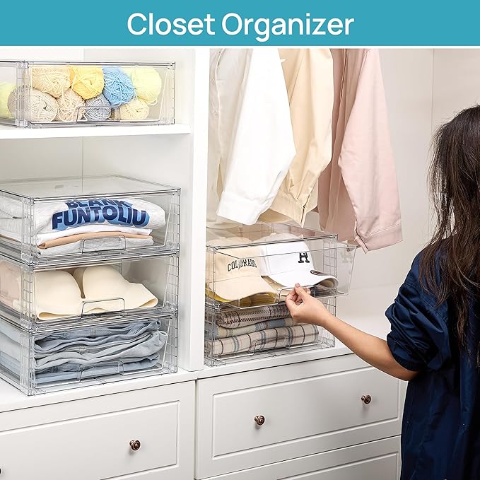 Vtopmart 6 Pack Large Stackable Storage Drawers,Easily Assemble Clear Acrylic Bathroom Closet Undersink Organizers,Plastic Storage Bins for Cabinet,Kitchen Pantry,Medicine Organization