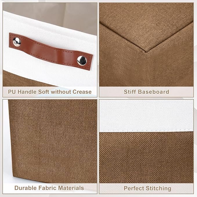 Bagnizer Collapsible Fabric Storage Cubes 11x11 Cube Storage Bins, 4 Pack Closet Baskets Box with Handles for Organizing, Shelf, Toys, Clothes, Home, Office, Nursery (Brown&White)