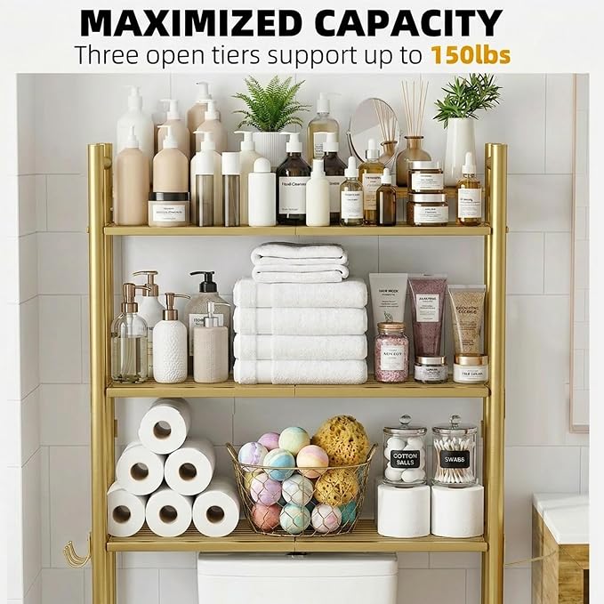 GloTika 3-Tier Over Toilet Storage with Anti-Tilt Safety System - 150lb Total Capacity Metal Bathroom Shelves Including Paper Holder & 4 Hooks, Space Saving Above Commode Organizer (64" H, Gold)