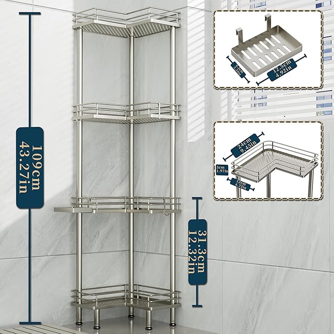 Consumest Corner Shower Caddy Standing - 4-Tier Stainless Steel Shower Organizer with Soap Holder and 4 Hooks, Large Capacity Corner Shelf Stand for Bathroom, Rest Room, Sand Nickel
