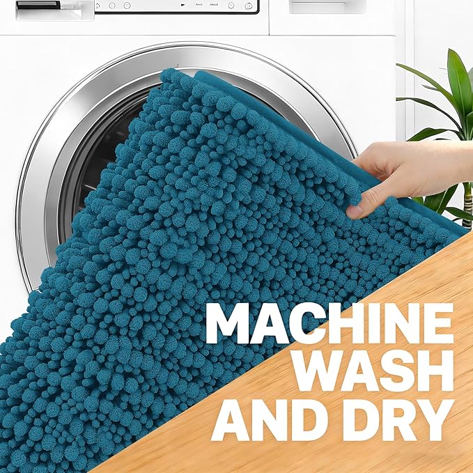 OLANLY Bathroom Rug Mat 44x24, Thick Soft and Absorbent Chenille Bath Mat, Non-Slip Rubber Backing, Machine Washable Quick Dry Bath Rugs for Tub Shower Floor, Home Decor Accessories, Peacock Blue