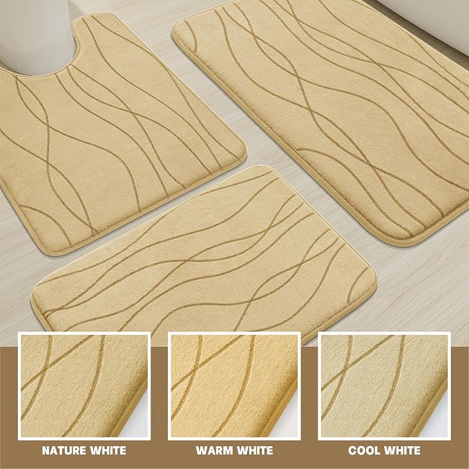 YIHOUSE Memory Foam Bathroom Rug Sets, 3 Piece, Beige | Ultra Soft, Absorbent, Non-Slip, Machine Washable