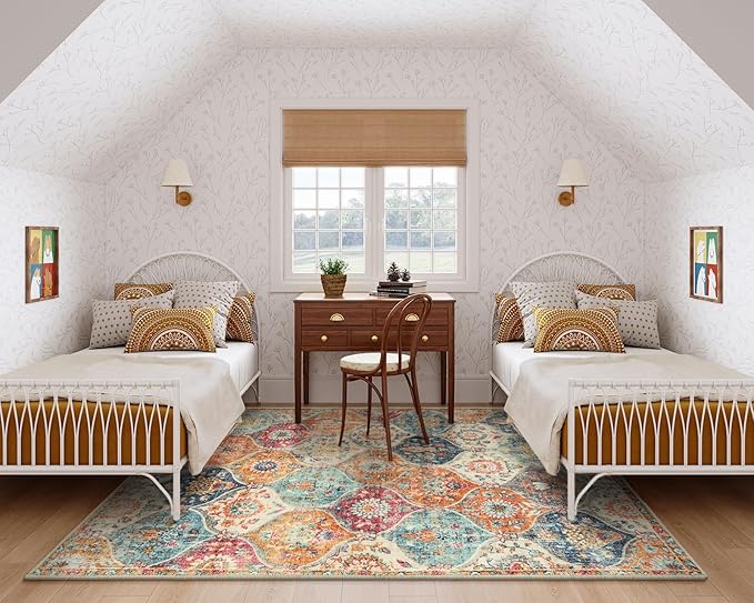 Lahome Moroccan 5x8 Area Rug, Ultra-Thin Washable Rugs for Living Room Bedroom, Soft Large Oriental Non-Slip Non Shedding Throw Large Carpet for Dining Room Office Elise, Cream/Multi