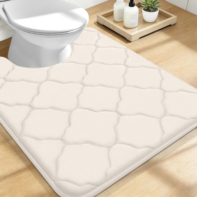 OLANLY Memory Foam Toilet Rugs U-Shaped 24x20, Ultra Soft and Absorbent Bathroom Rugs, Non-Slip, Comfortable, Machine Washable Contour Bath Mat for Toilet Base, Home Decor Accessories, Ivory