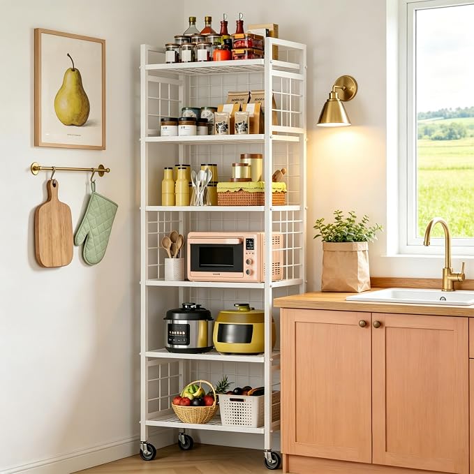 GIOTORENT 6-Wire Standing Storage Shelf with Wheels, Mobile Metal Shelving Unit for Bathroom Organizers & Laundry Room, Kitchen Pantry Rack, Heavy Duty Utility Shelf, White