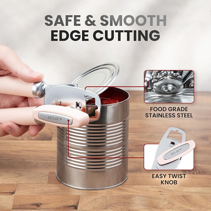Zulay Kitchen Heavy Duty Stainless Steel Can Opener Manual with Bottle Opener - Rust Proof Manual Can Opener With Turn Knob & Comfy Soft Grip Handles - Apricot Peach