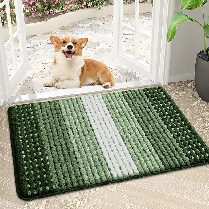 Kitinjoy Indoor Outdoor Door Mat, 30x17 Non-Slip Absorbent Dirt Trapper, Low-Profile Washable Inside Entrance Front Floor Mat, Sturdy Soft Entry Dotted Ombre Doormats for Entryway, Green