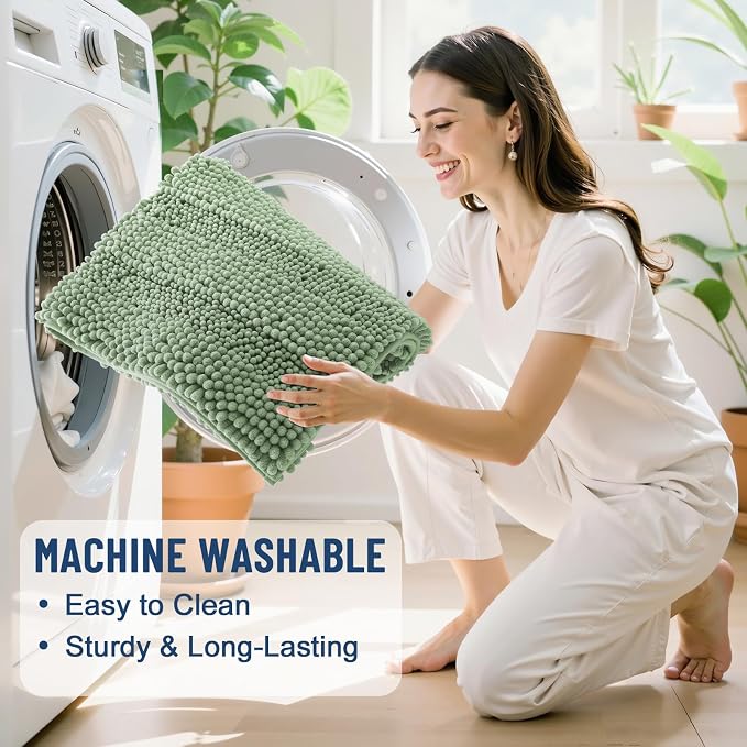Grandaily Chenille Striped Bathroom Rugs 30x20, Extra Thick and Absorbent Bath Mats, Non-Slip Soft Plush Shaggy Shower Carpet, Machine Wash Dry, Bath Rug for Bathroom, (Medium, Grayish Green)