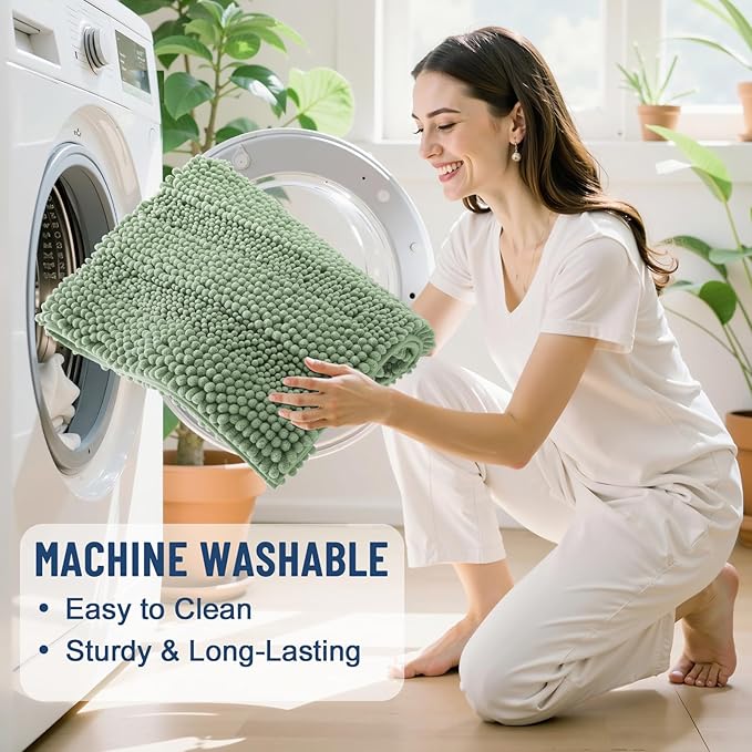 Grandaily Chenille Striped Bathroom Rugs 40x32, Extra Thick and Soft Absorbent Bath Mats, Rubber Backing, Plush Shaggy Shower Carpet, Machine Wash Dry, Bath Rug for Bathroom, Grayish Green