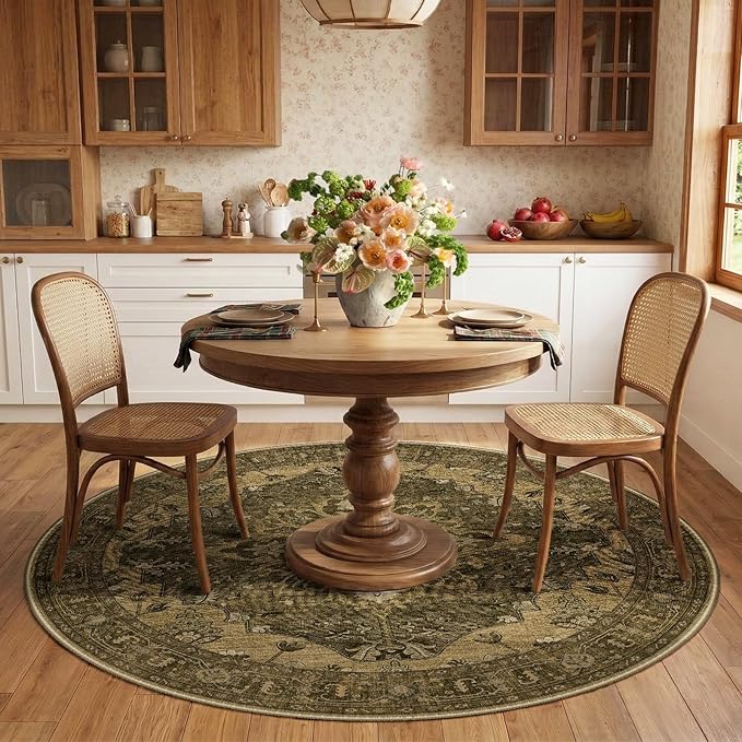 RELEANY Area Rugs Round 6ft Washable Non-Slip, Floral Vintage Distress Medallion Carpet for Living Room Bedroom Dining Room, Brown Dark Brown