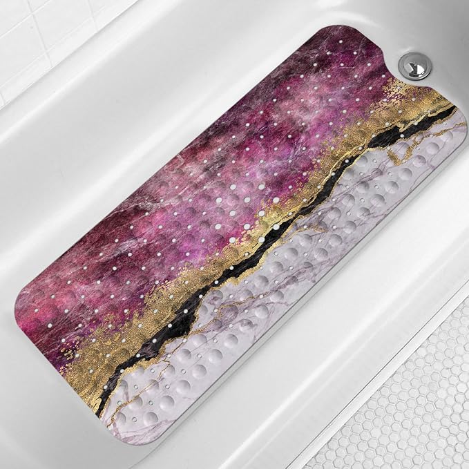 LNOND Marble Bath Tub Mat Non Slip, Extra Long 40 X 16 Inch Anti Slip Mat for Bathtub, Pink Gold Marble Shower Mat with Drain Holes and Suction Cups, Machine Washable