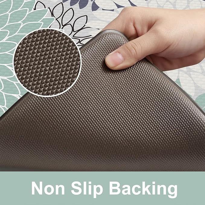 Anti Fatigue Kitchen Mats,Non Slip Boho Dahlia Kitchen Rugs Sets 2 Piece,Waterproof Farmhouse Kitchen Mat for Floor,Cushioned Standing Mat for Office,Laundry,Sink,Desk,Mutil-Cyan