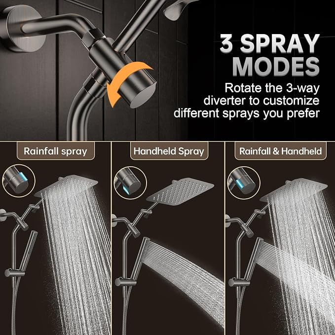 Veken All Metal 10" Oil Rubbed Bronze Shower Head with Handheld, Luxurious Square Double Rain Shower Heads with Power-wash Hand Held, Dual High Pressure Detachable Rainfall Showerhead,Bathroom Upgrade
